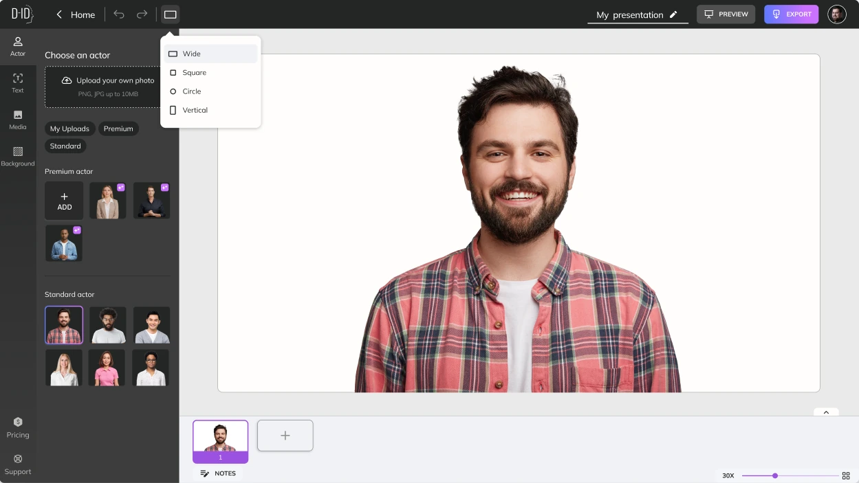 Creative Reality™ Studio, Choose an Actor: Pick a face or upload your own, in wide, square, circle or vertical format.