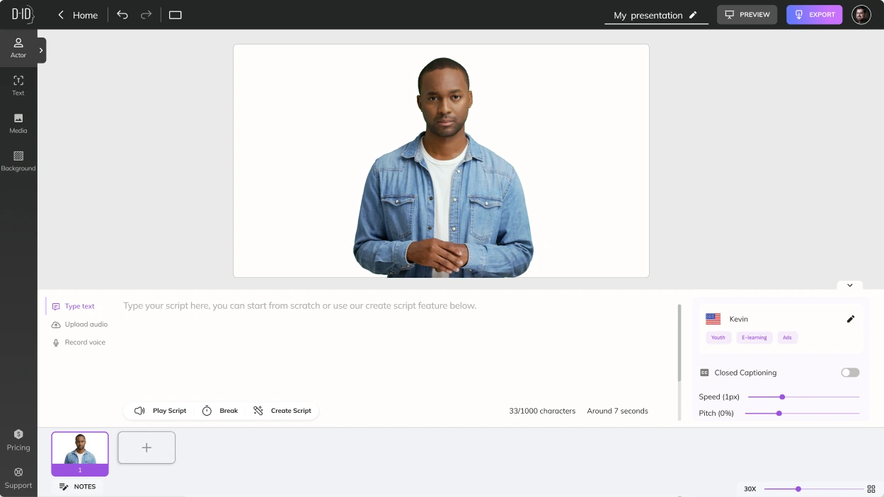 Creative Reality™ Studio, Type Script: Type a script, upload audio or record your voice, then play it back.
