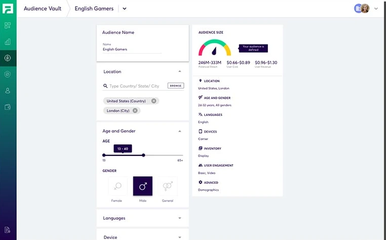 Fyber · Monetization Platform, Create audience: Location, age, gender, language and device.