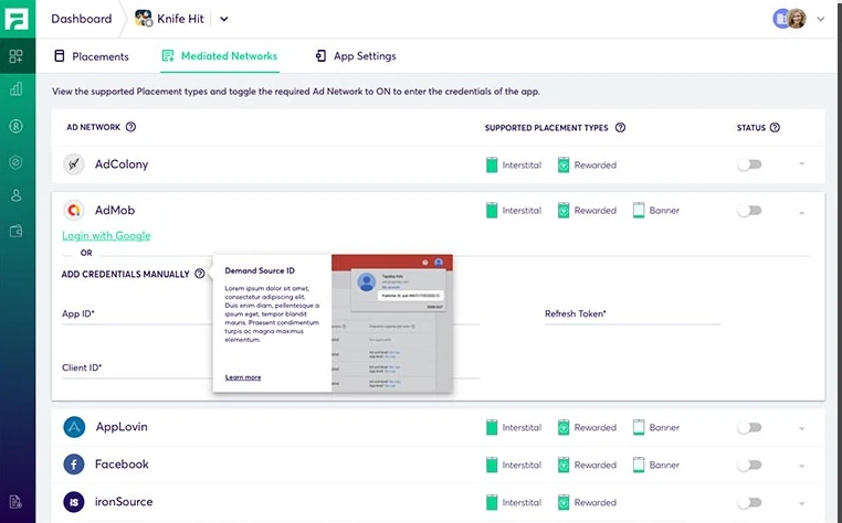 Fyber · Monetization Platform, Credentials: Connect a network with its app ID and keys.