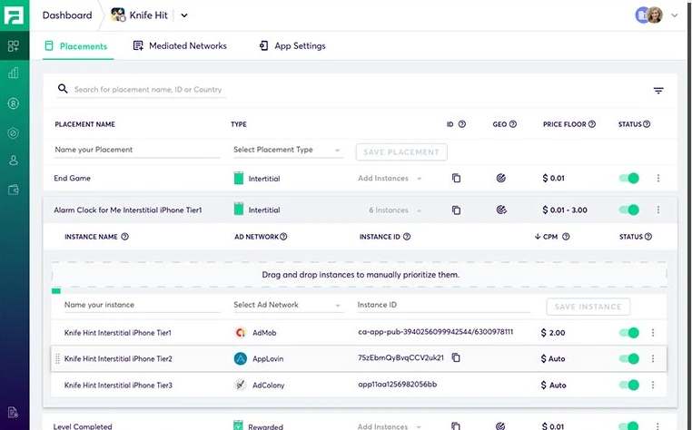 Fyber · Monetization Platform, Instances: Drag and drop instances to prioritise them.