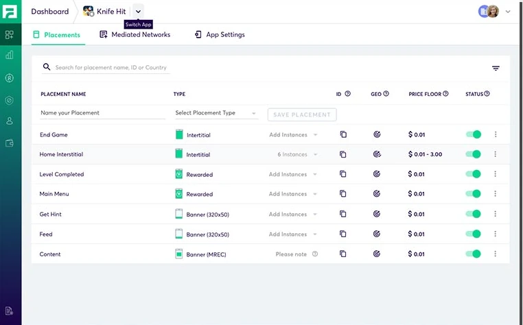 Fyber · Monetization Platform, Placement list: Placements by type, price floor and status.