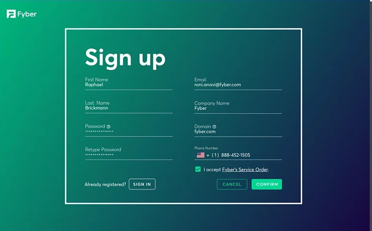 Fyber · Monetization Platform, Sign up: Create an account in a single step.