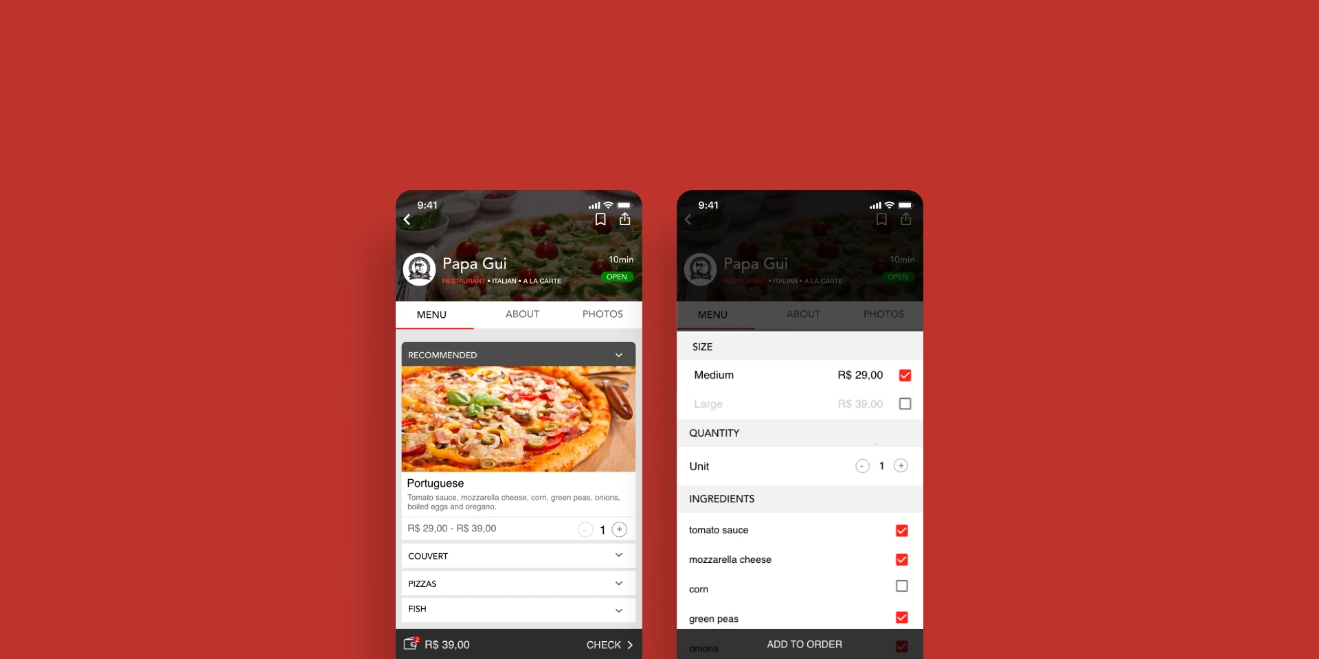 Menu, options and quantity