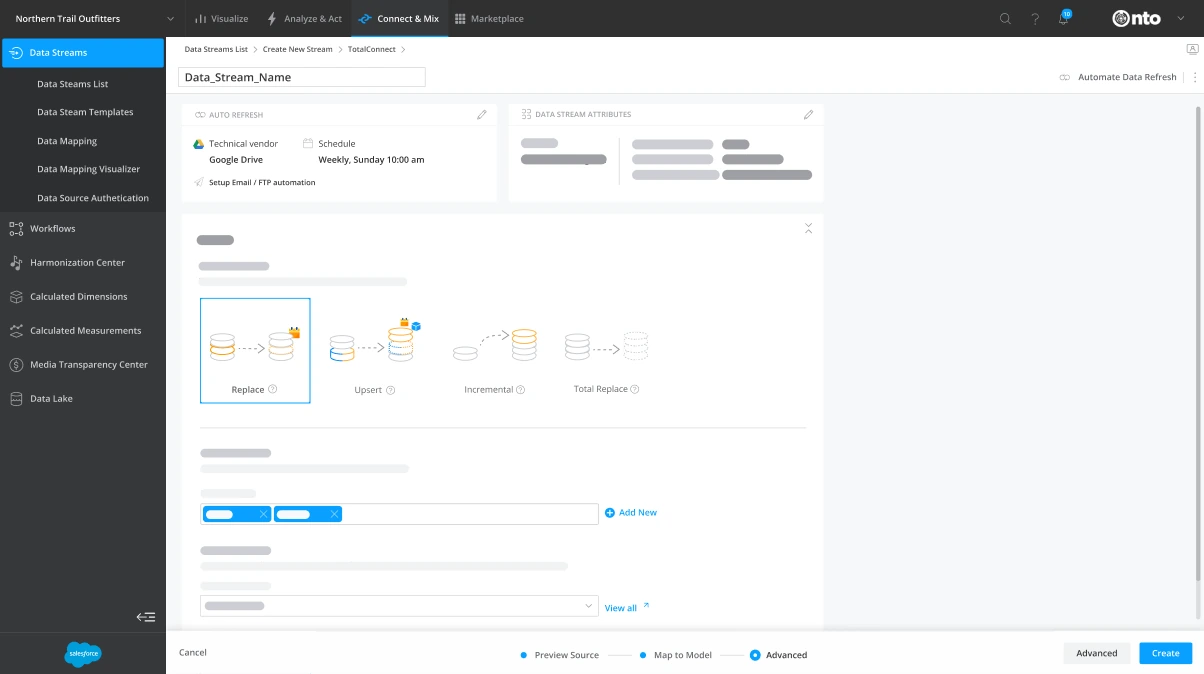 Marketing Cloud Intelligence · Data Streams, Automate refresh: Schedule a vendor, email or FTPS/SFTP refresh.