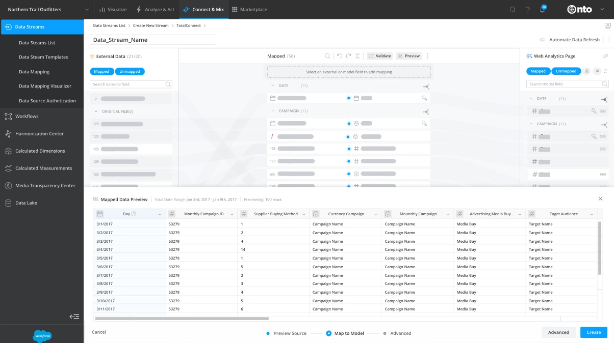 Marketing Cloud Intelligence · Data Streams, Data preview: Check the mapped data before it lands.