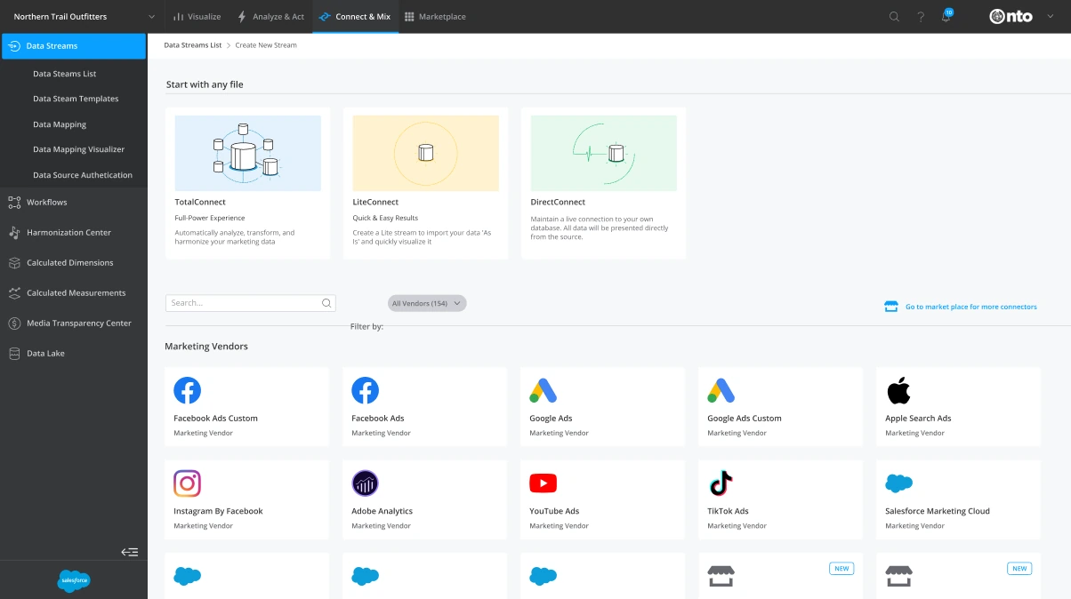 Marketing Cloud Intelligence · Data Streams, Connection gallery: Start with any file, or pick from 150+ vendors.
