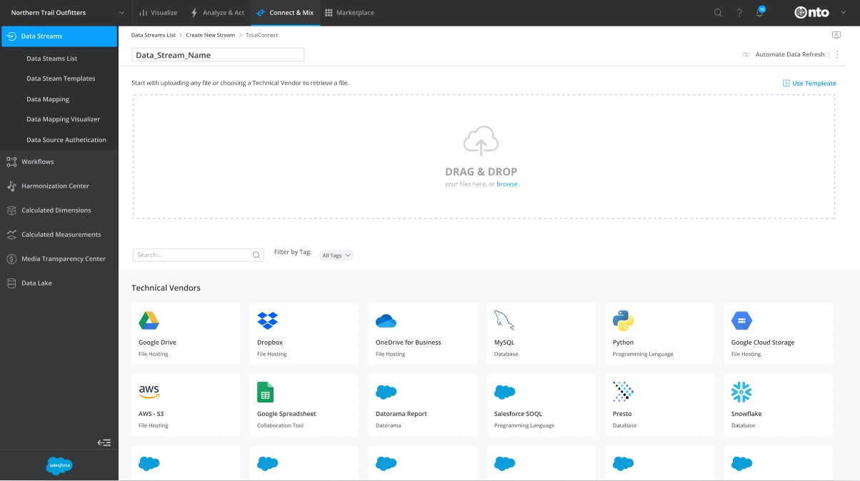 Marketing Cloud Intelligence · Data Streams, Upload & vendors: Upload a file or connect a technical vendor.