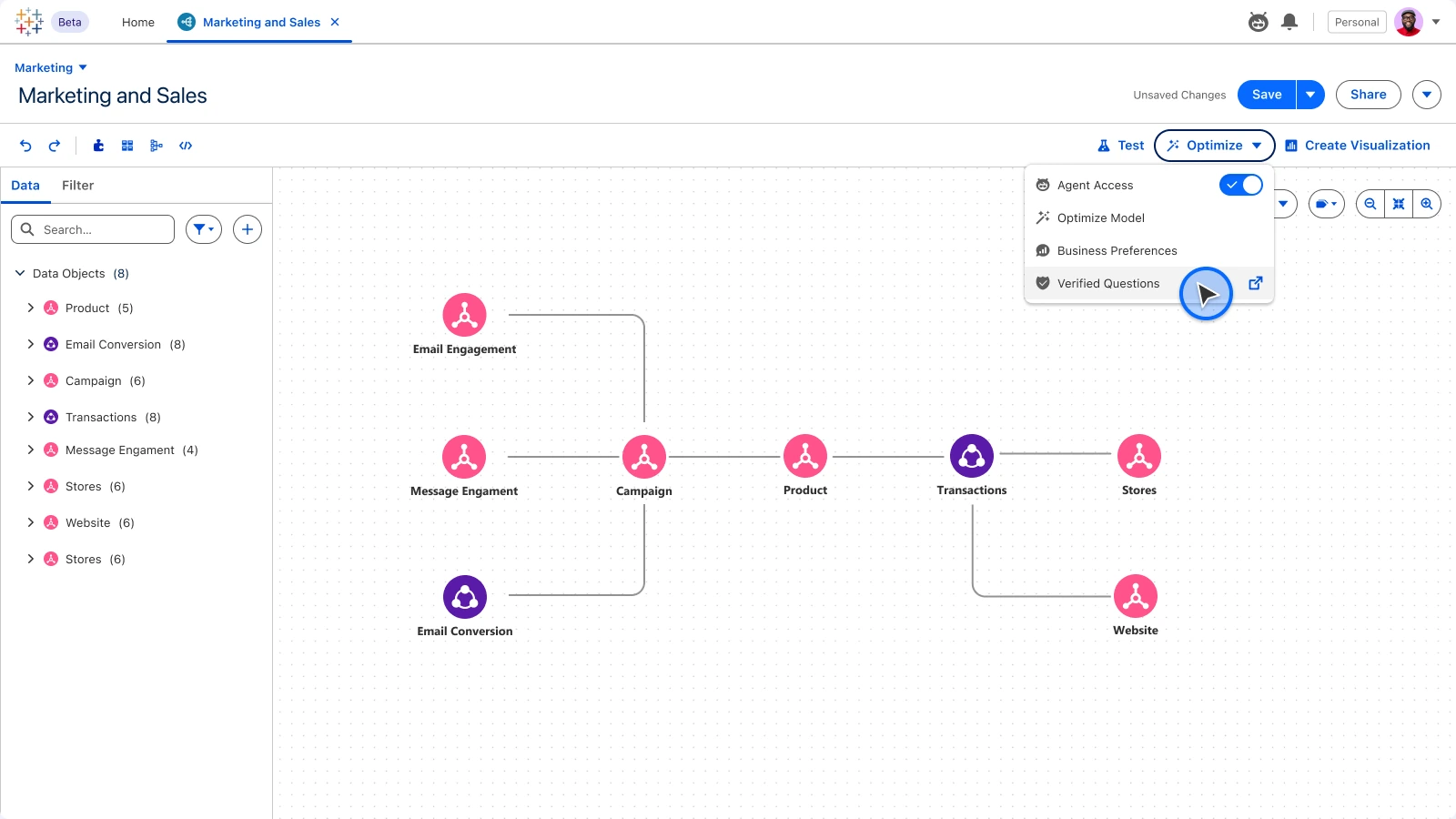Tableau Next · Semantic Model, Entry point: Open testing straight from the model.