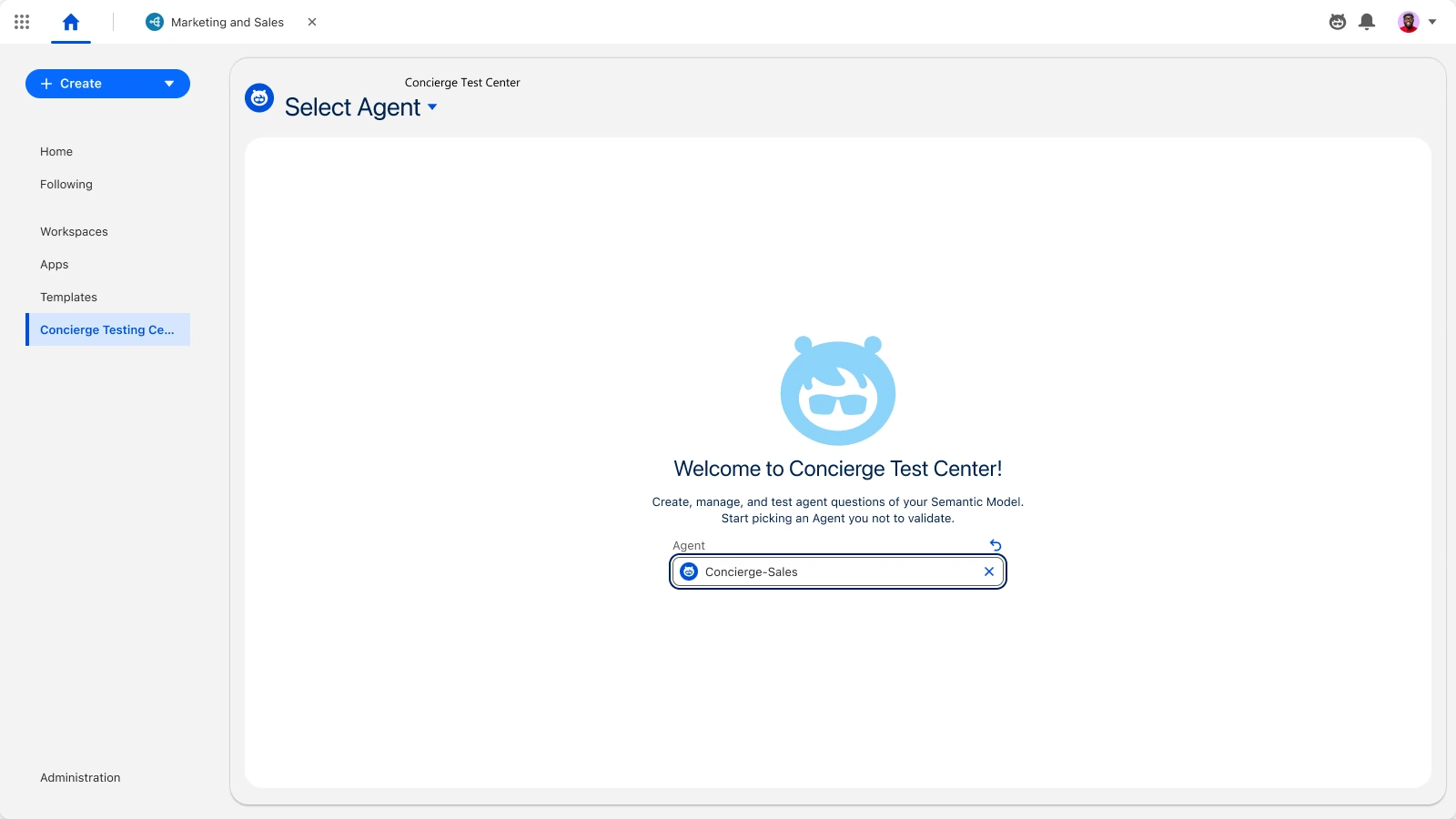 Tableau Next · Semantic Model, Select agent: Pick the agent to put under test.