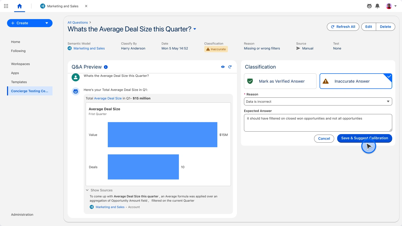 Tableau Next · Semantic Model, Classification: See how each question was understood.