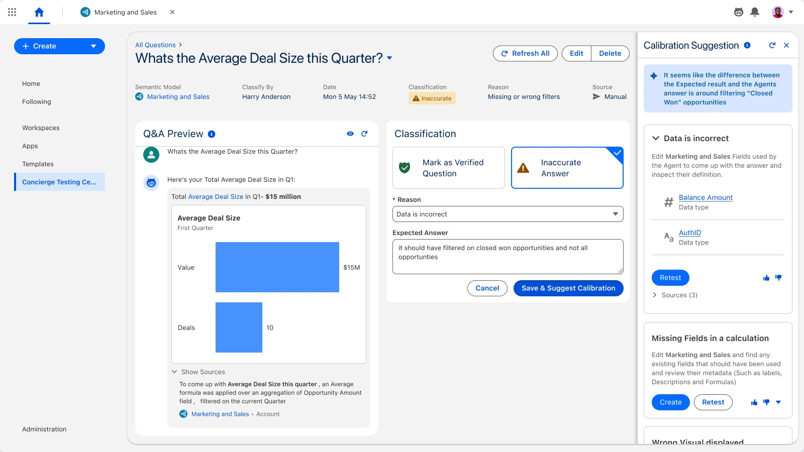 Tableau Next · Semantic Model, Calibrate: Suggested changes to improve the answer.