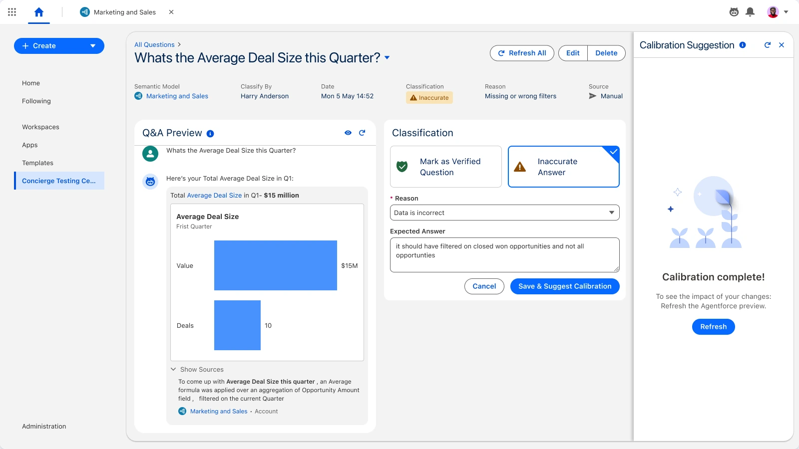 Tableau Next · Semantic Model, Calibrated: Confirm the improvement.