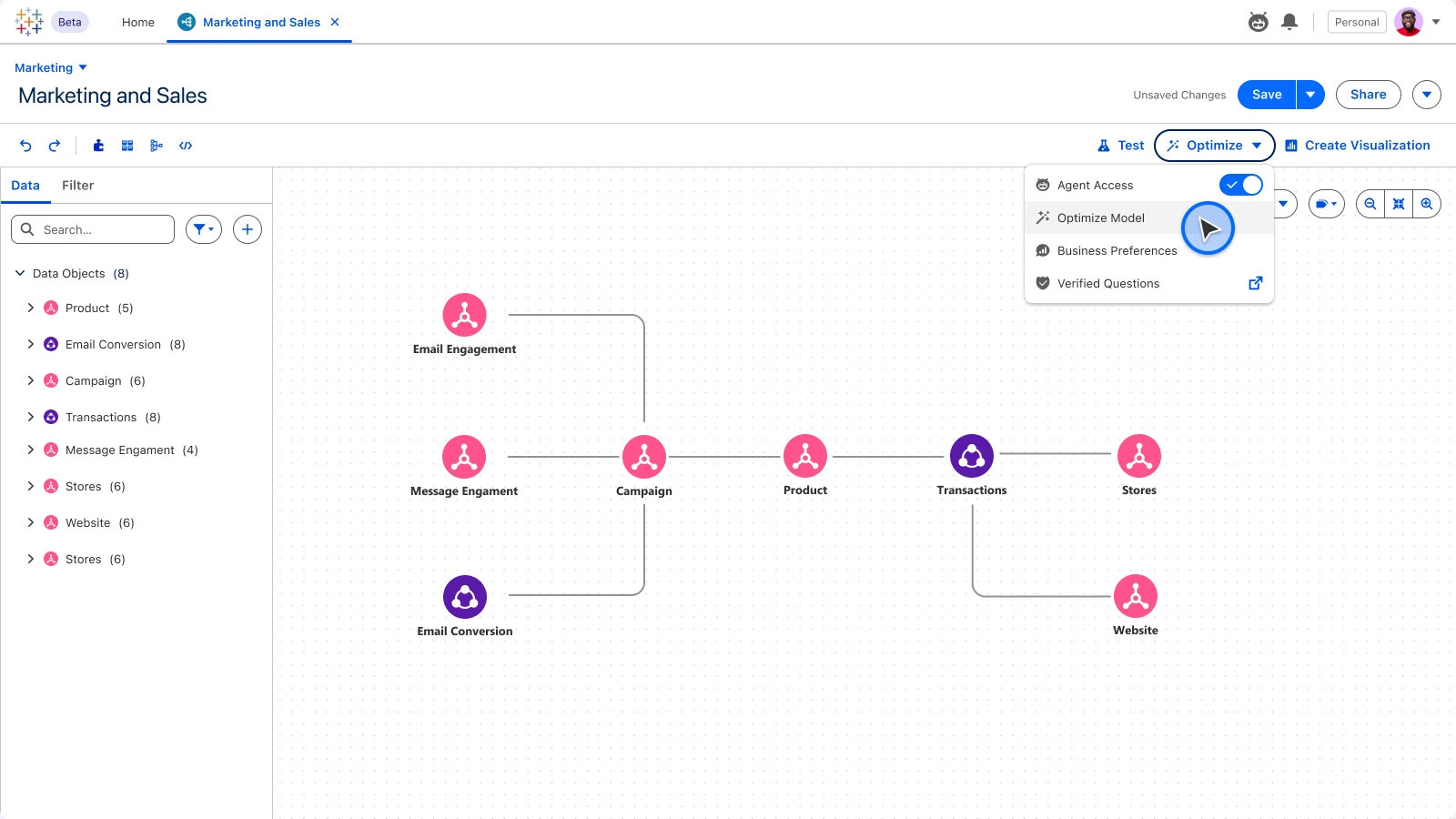 Tableau Next · Semantic Model, Optimise: Start an optimisation pass from the toolbar.