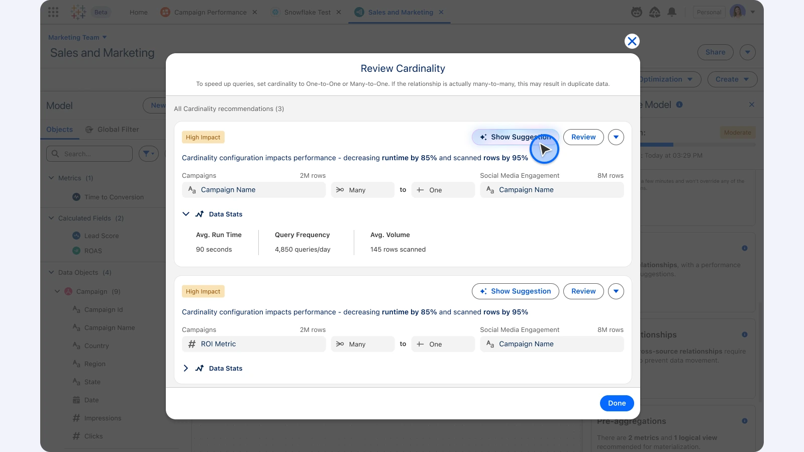 Tableau Next · Semantic Model, Review: Open each issue in context.