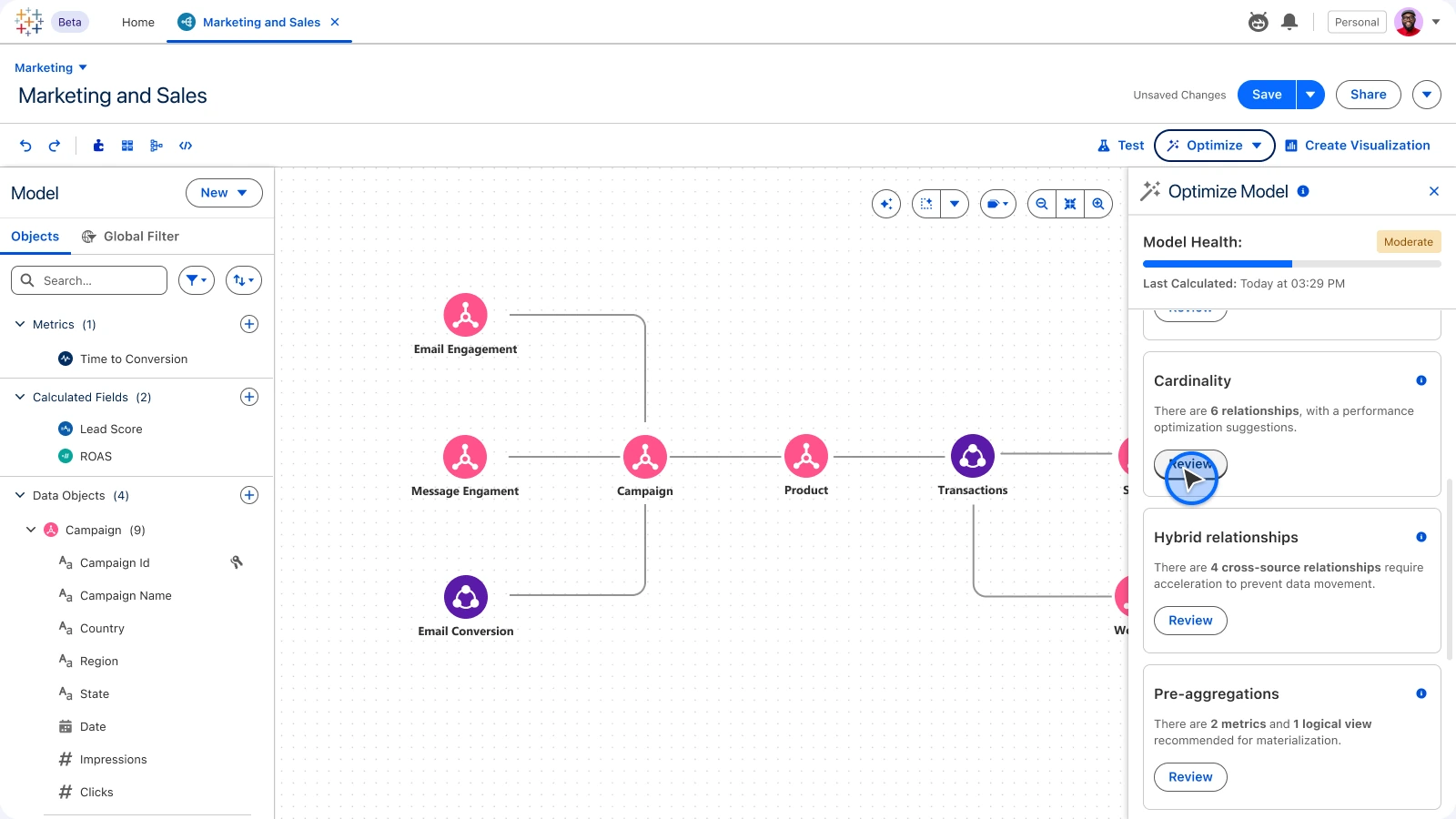 Tableau Next · Semantic Model, Model health: See what could weaken answers, grouped by impact.