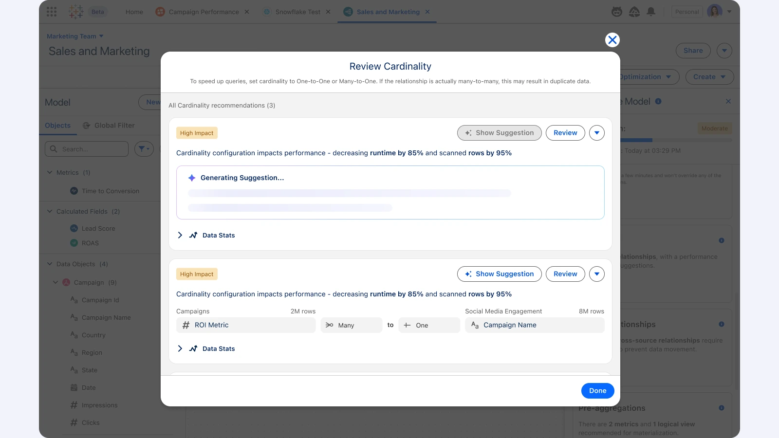 Tableau Next · Semantic Model, Generating: AI drafts a resolution.