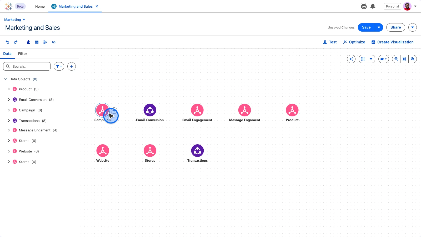 Tableau Next · Semantic Model, Canvas: Data objects become nodes on a visual canvas.
