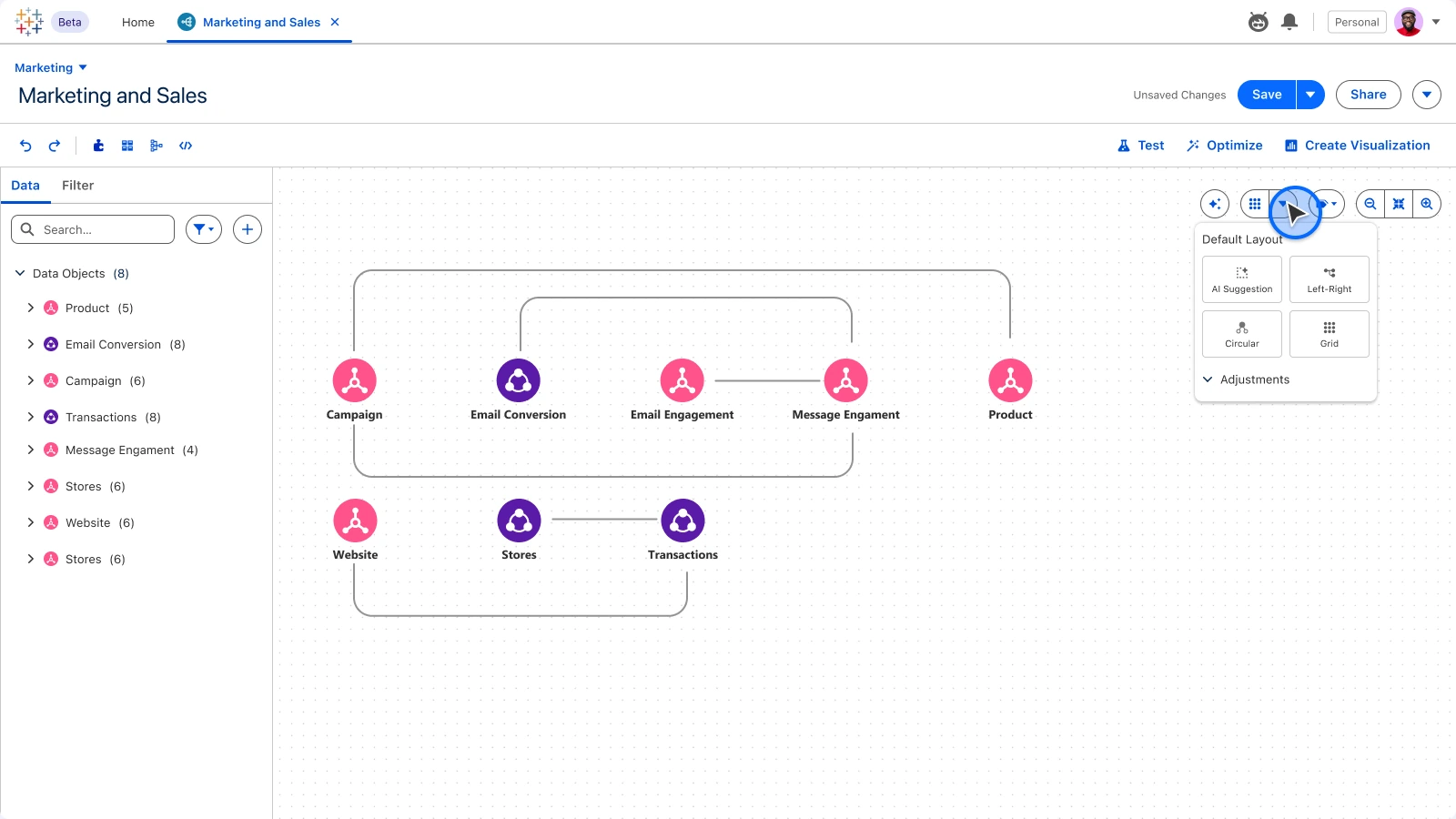 Tableau Next · Semantic Model, Layout menu: Choose how the model arranges itself.