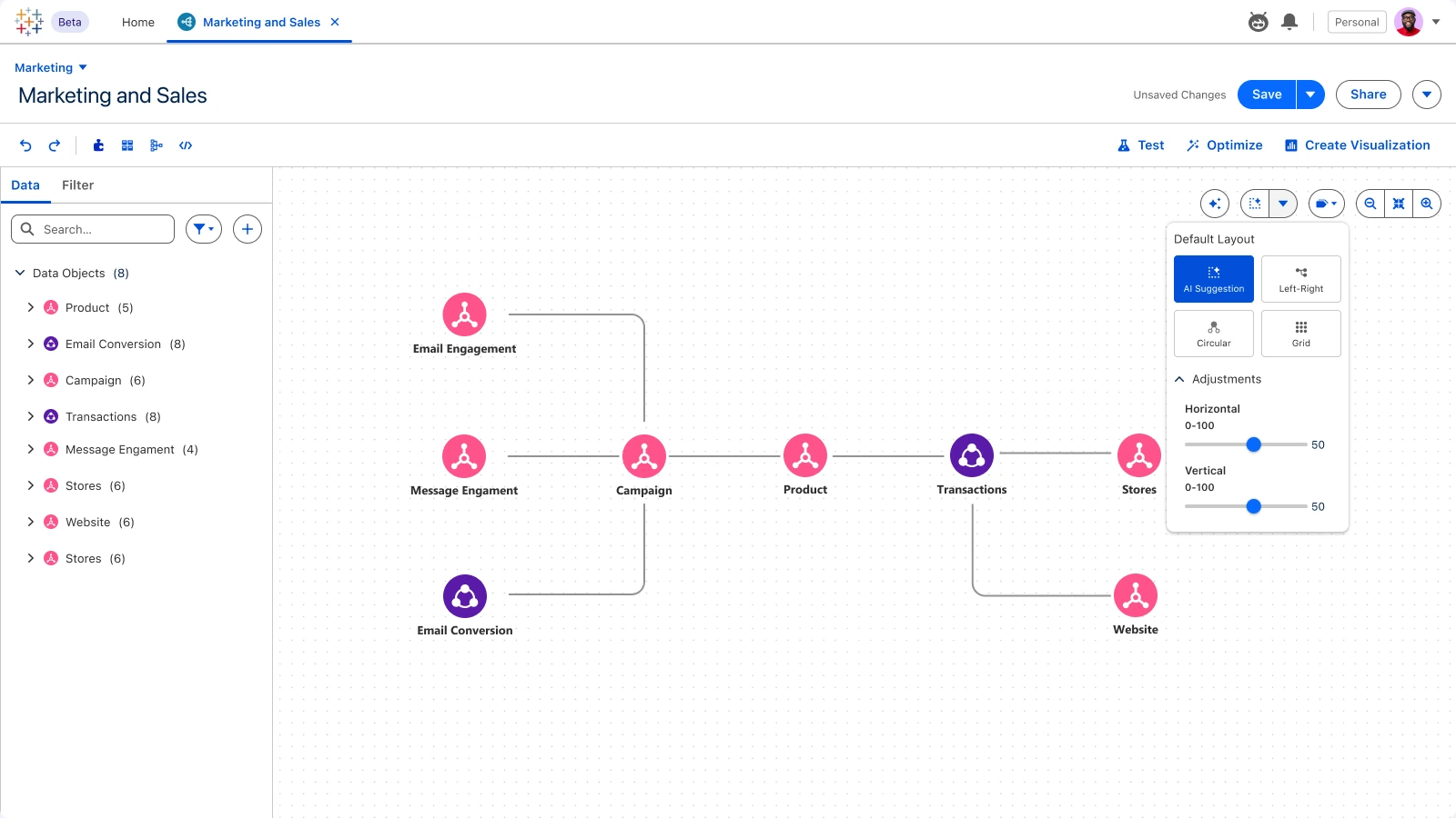 Tableau Next · Semantic Model, AI suggestion: Let AI propose the clearest arrangement.