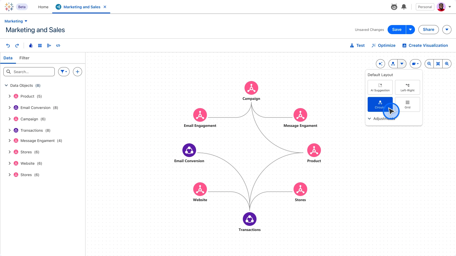 Tableau Next · Semantic Model, Circular: Hub-and-spoke for star schemas.