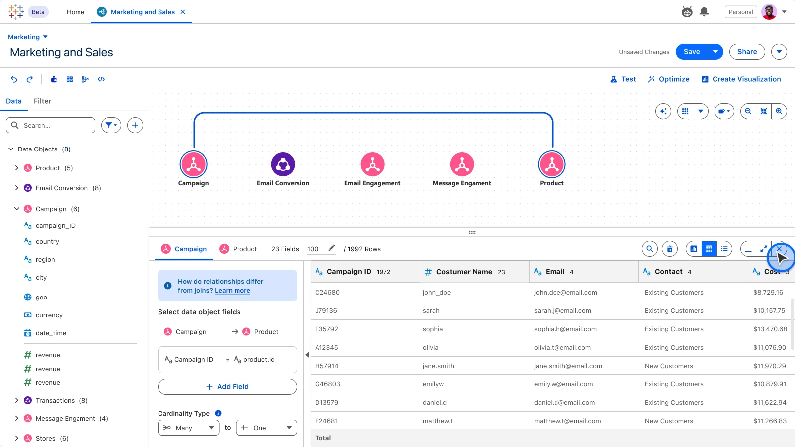 Tableau Next · Semantic Model, Map fields: Match fields with a live preview of both objects.