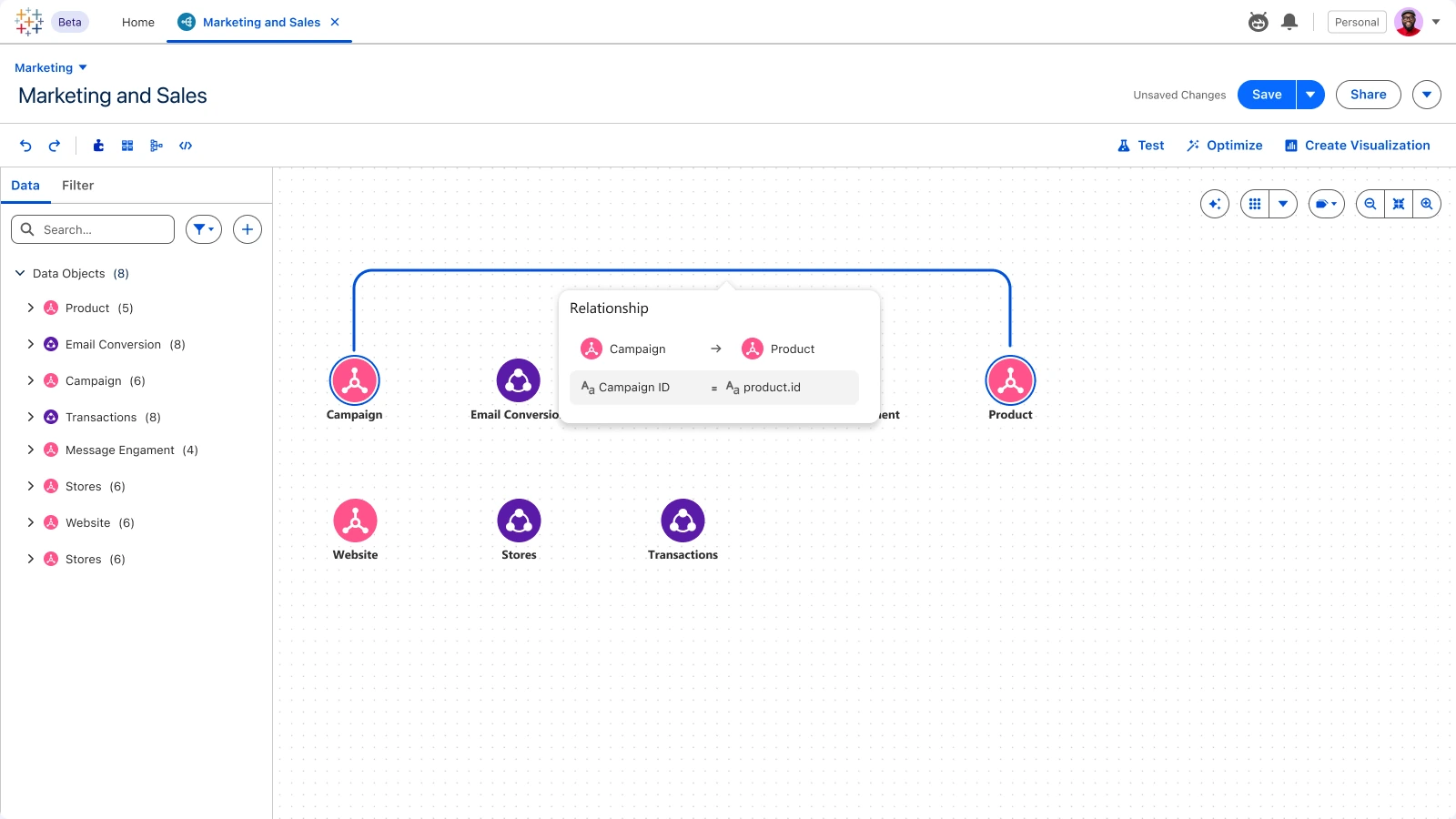 Tableau Next · Semantic Model, Connected: The relationship lands on the canvas, ready to use.
