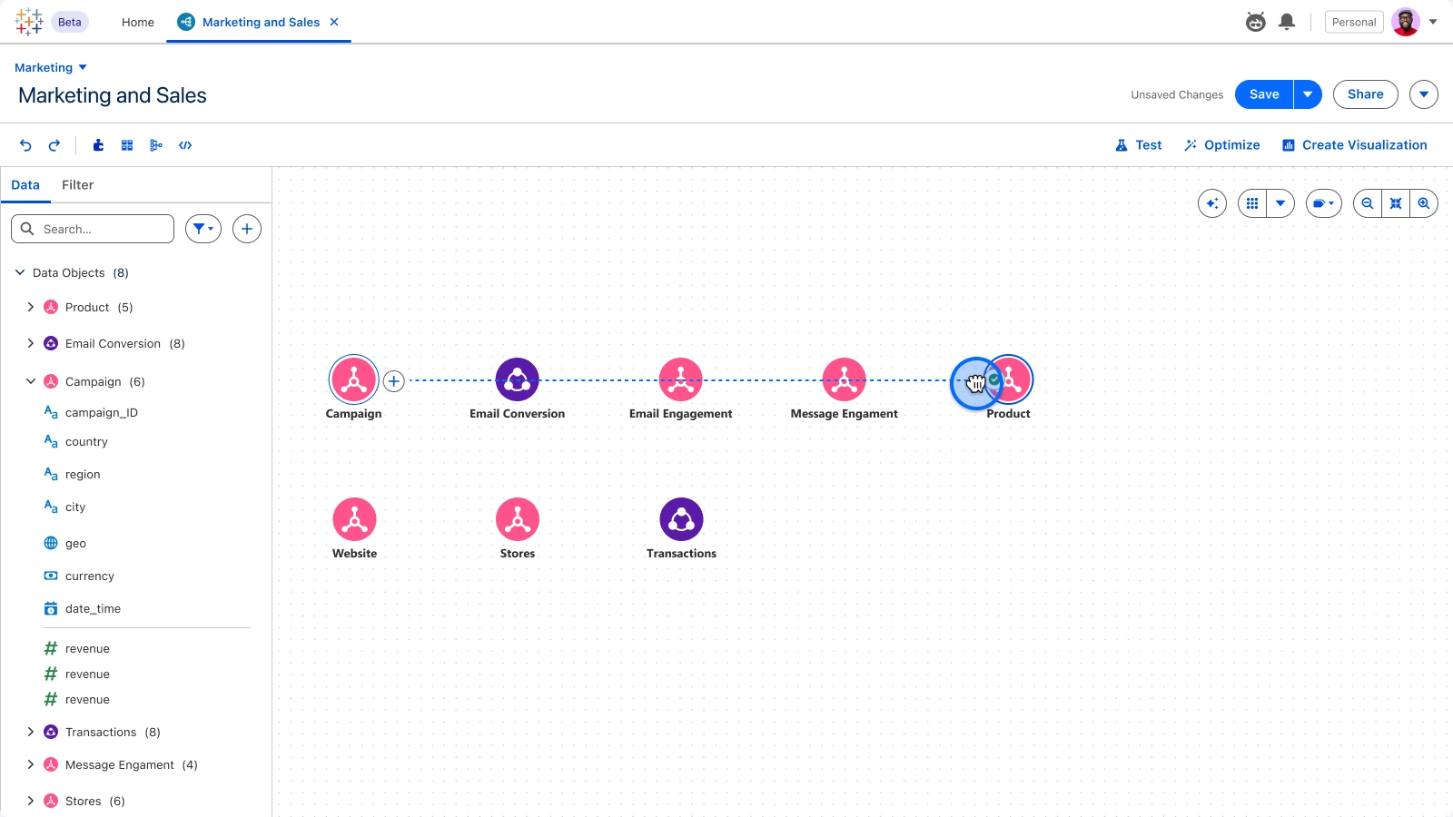 Tableau Next · Semantic Model, Relationship: Drag between nodes to start a join.