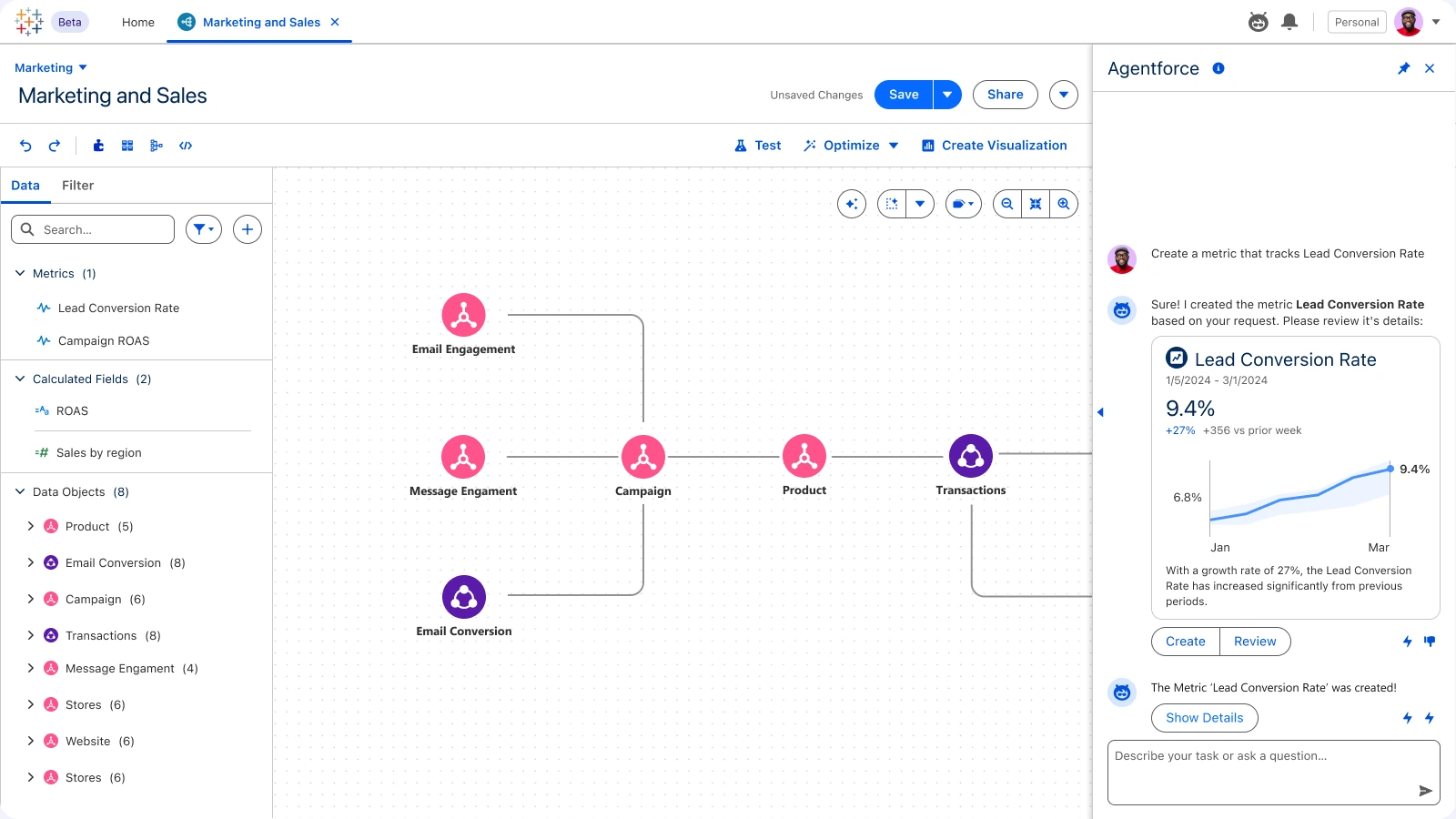 Tableau Next · Semantic Model, Agent-drafted metric: Review the draft, then add it to the model.