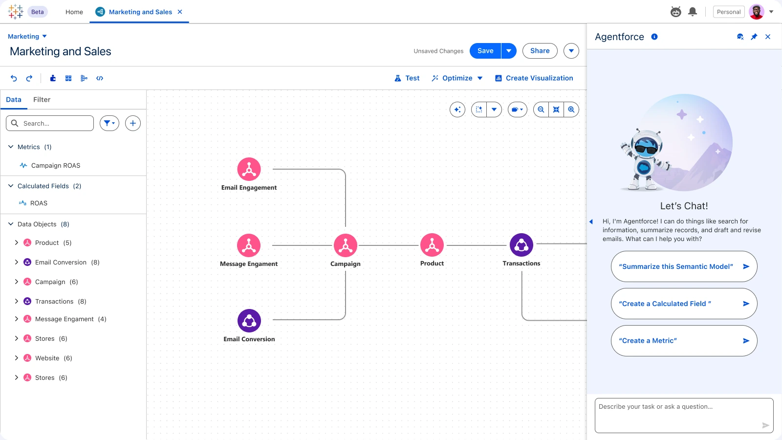 Tableau Next · Semantic Model, Ask the agent: Describe the definition in plain language.