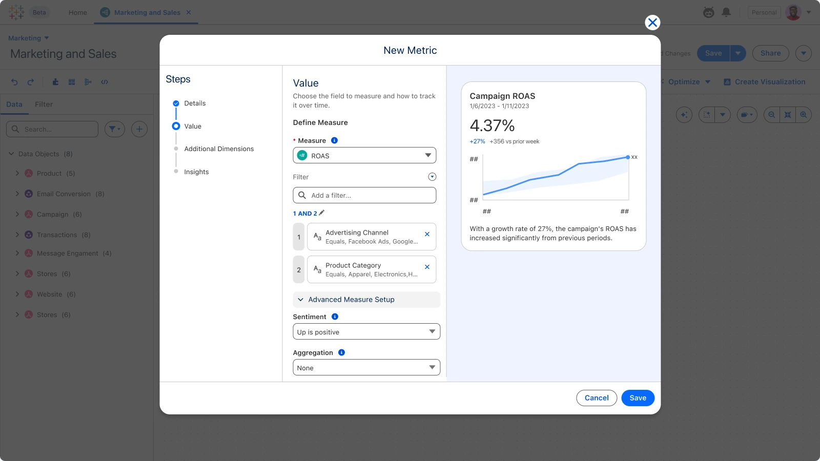 Tableau Next · Semantic Model, New metric: Guided steps with a live preview of the result.