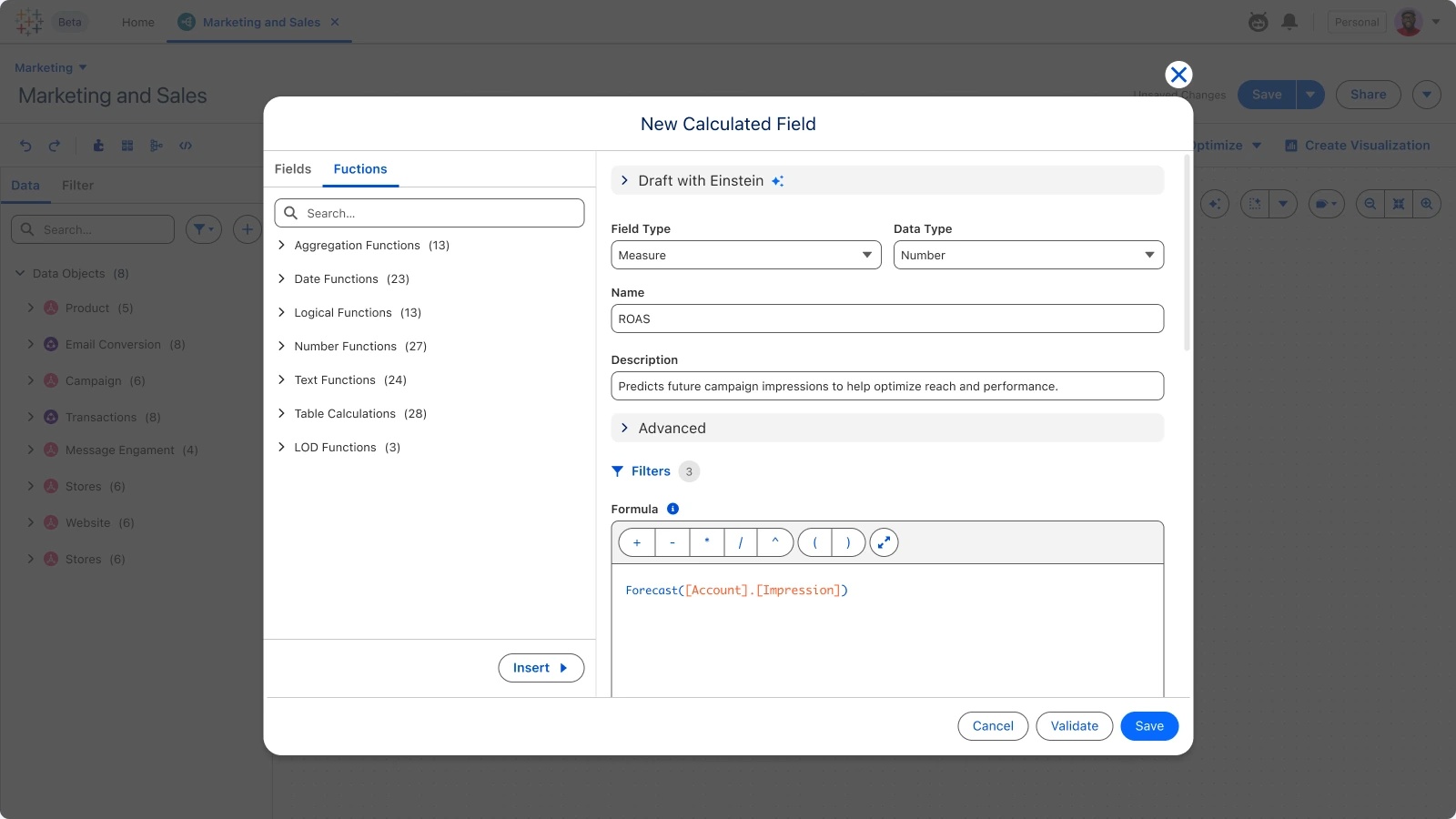 Tableau Next · Semantic Model, Calculated field: Formula, type and description in one place.