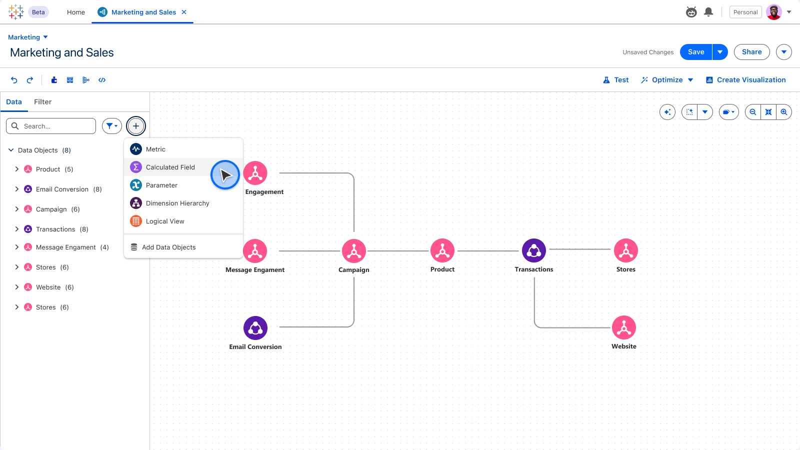 Tableau Next · Semantic Model, Create definition: One entry point for every kind of definition.